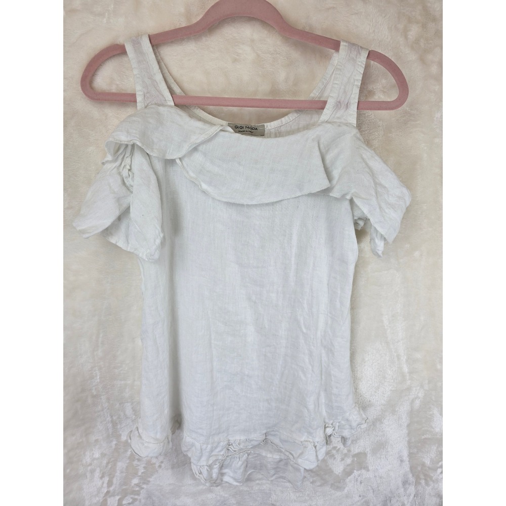 Gigi Moda White 100% Linen Cold Shoulder Ruffle Top‎ Made
